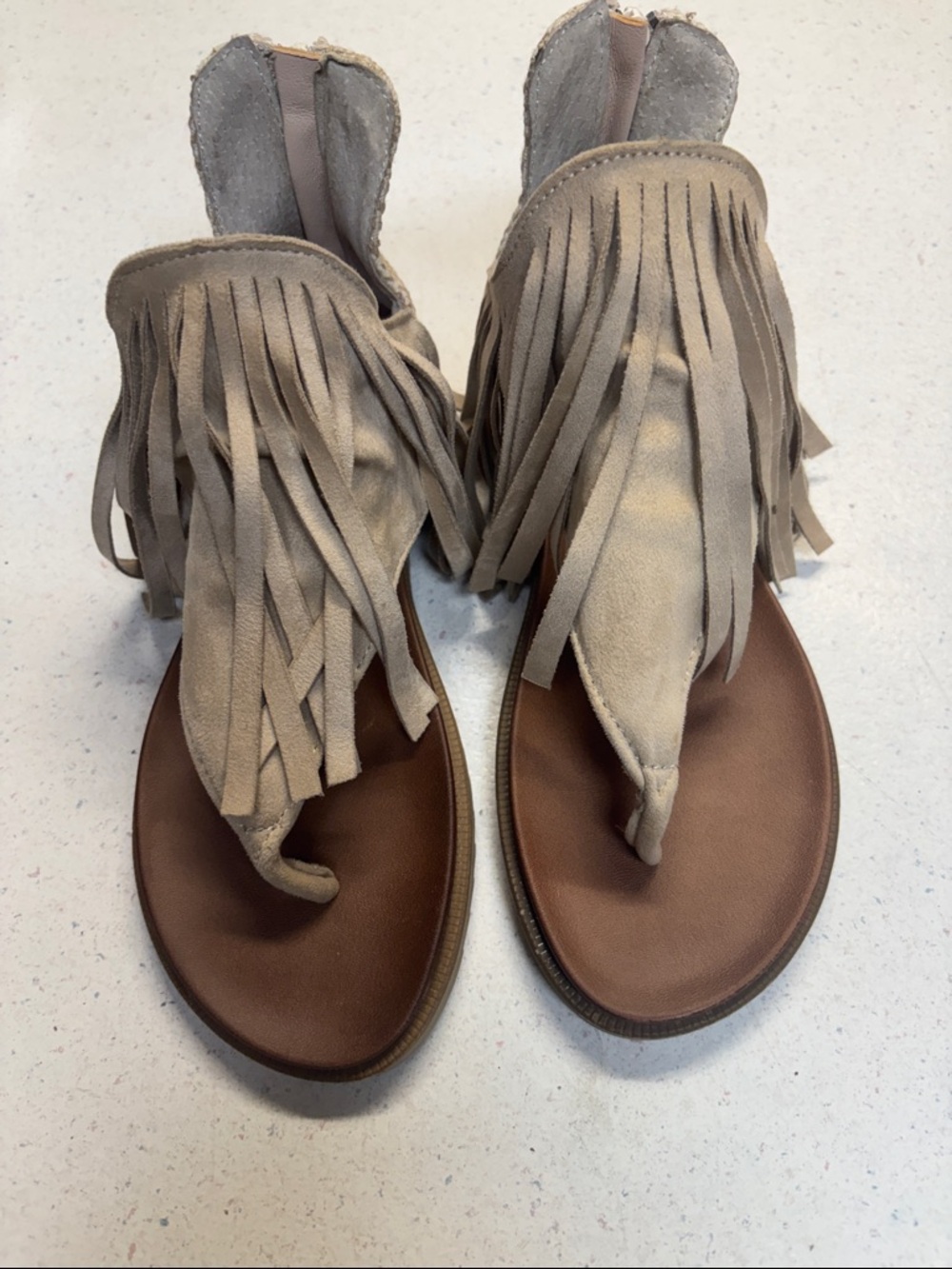 Very G Fringe Suede Toe-Post Sandals - Taupe/Brown